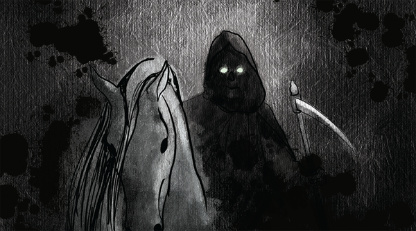 Изображение на мрачния жътвар, яздещ блед кон, изобразено в черно и сиво.