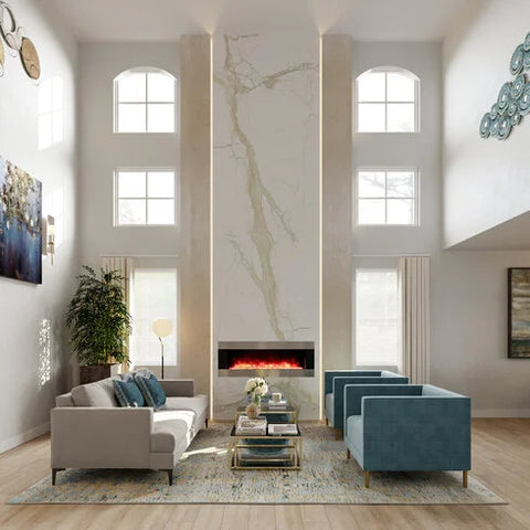 Floor to ceiling slab showcasing fireplace