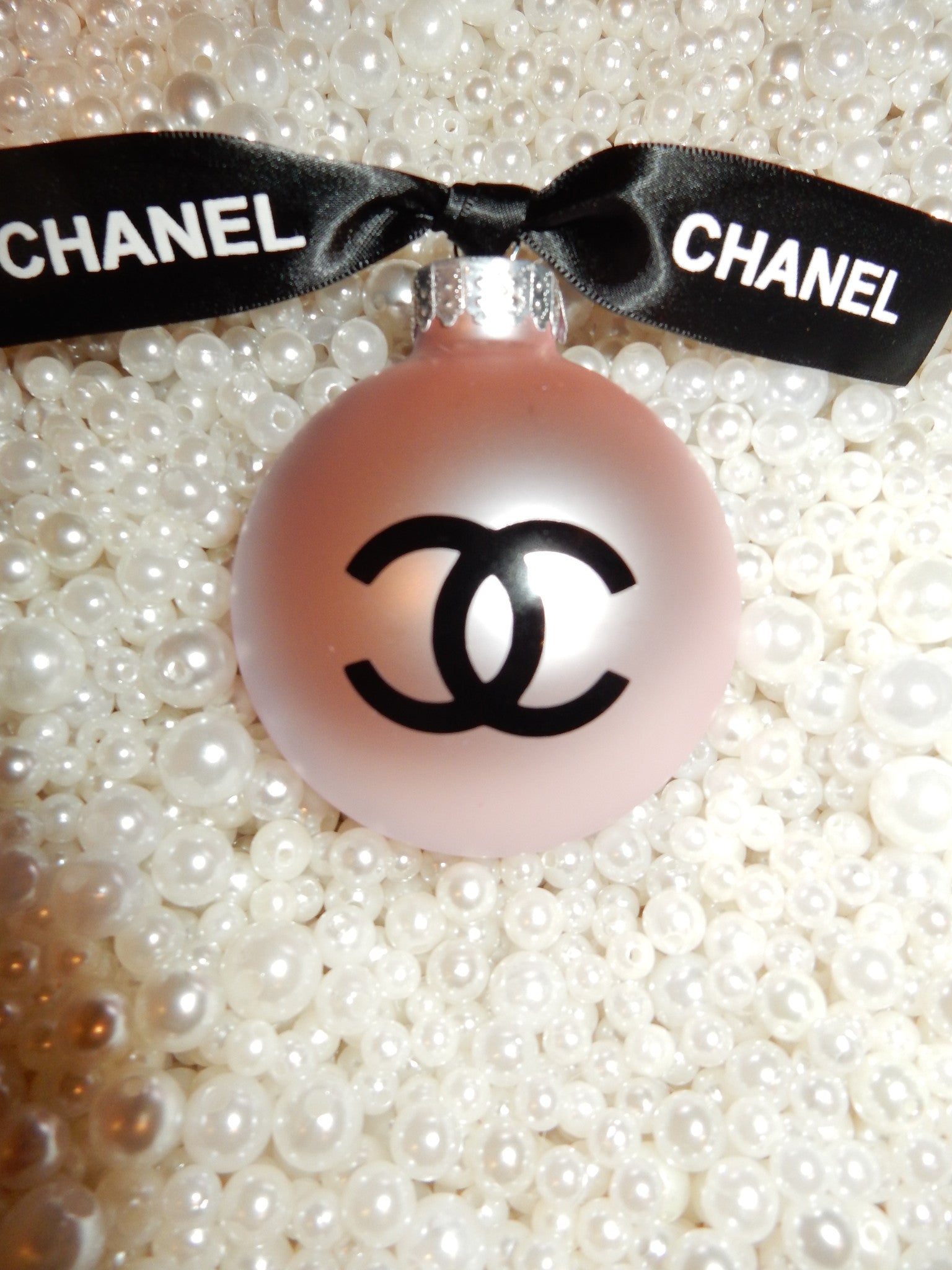 CHANEL INSPIRED PINK ROUND GLASS CHRISTMAS TREE ORNAMENT 