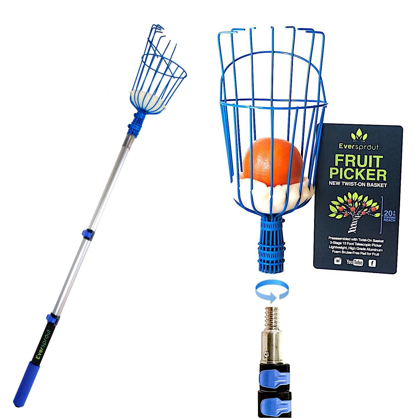 EVERSPROUT 1.5-4.5 Foot Fruit Picker with Extension Pole | Telescoping Easy to Attach Twist-On Basket | Lightweight Sturdy Aluminum Pole | Bruise-Free Pad Protects Fruit