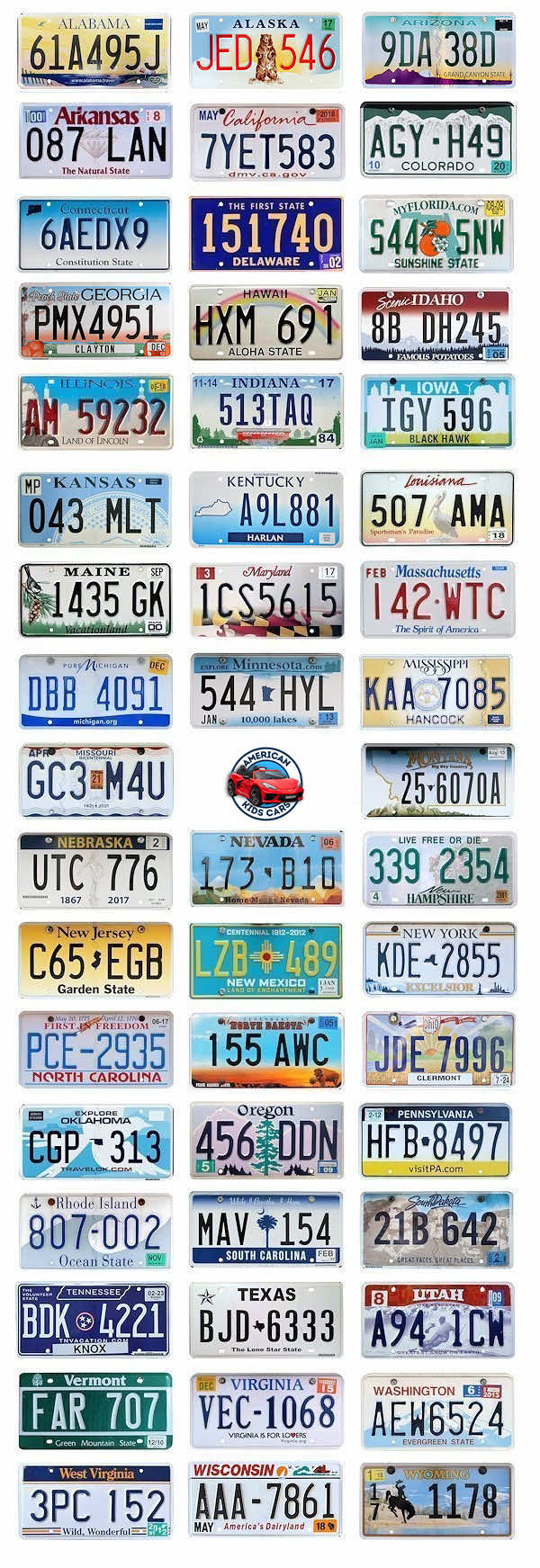 50 States License Plates for Kids Cars