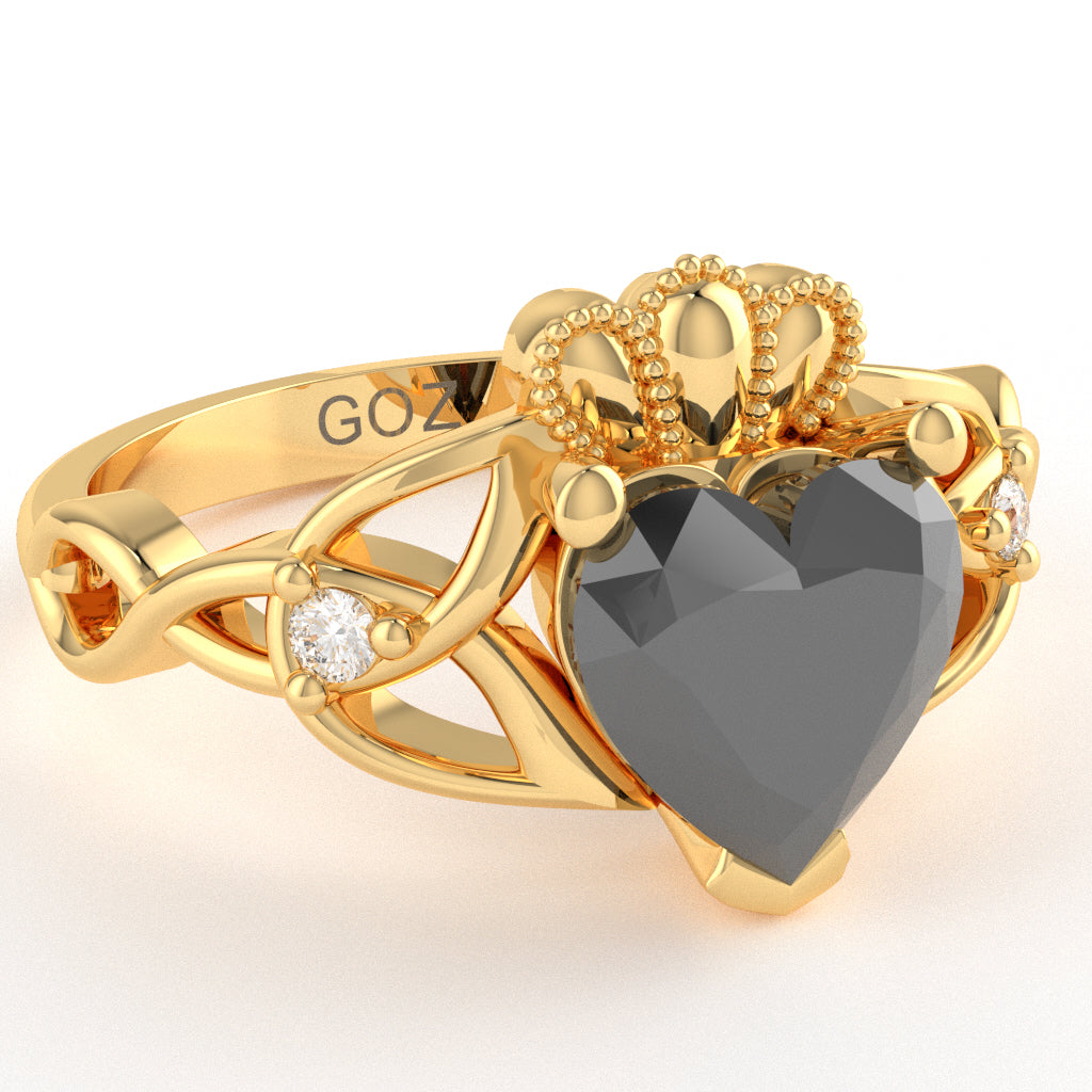 Celtic Trinity Knot Claddagh Heart Black Onyx Diamond Ring In 14k Yellow Gold