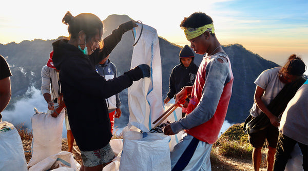 Activists at a clean up on mount Rinjani in Lombok