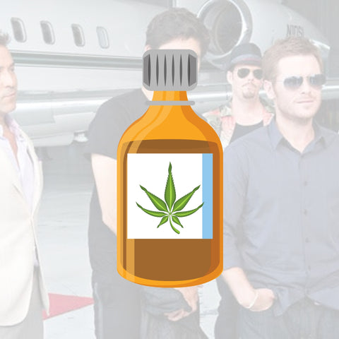 CBD bottle with the background of the entourage cast 