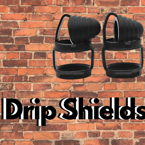 two Drip Shields in black with text saying "drip shields"