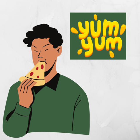 Man eating a slice of pizza with a sign saying yum yum 