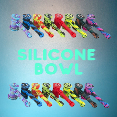 a bunch of silicone bowls lined up in a row. Blue background 