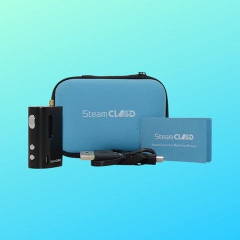 SteamCloud Box Mod battery with blue background 
