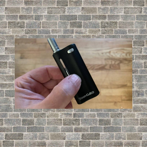 SteamCloud Mini 2.0 in hand in front of a brick wall 