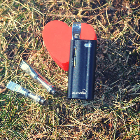 SteamCloud Mini 2.o in the grass with two extra cartridges