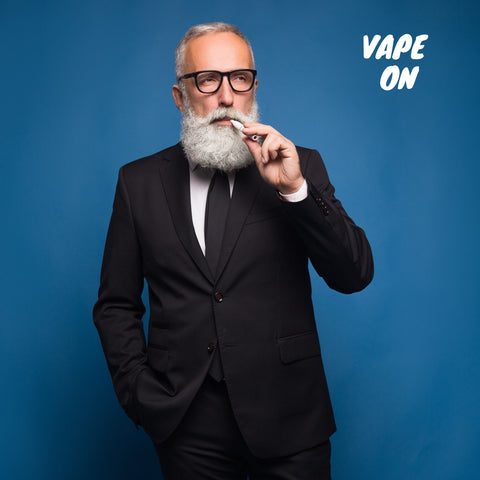 man vaping in a suit and tie with text saying vape on and blue background 