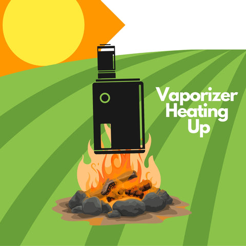 vaporizer heating up in campfire on a hot summer day with text " Vaporizer Heating Up"