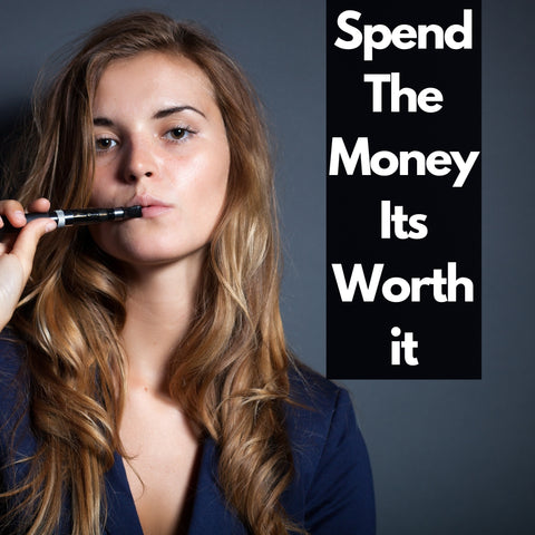 Girl buying a nice end e-cig with blue background and text saying "spend the money its worth it"