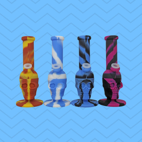 four silicone bongs in all colors with blue background 