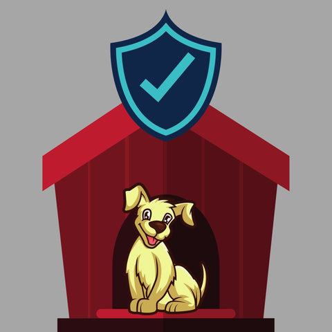 safety symbol above a dog house and dog showing safety for CBD
