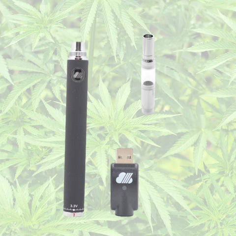 portable vaporizer with a oil cartridge and thc plant in the background