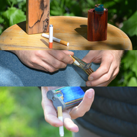 Three pictures of hands holding one hitter pipe horizontal 