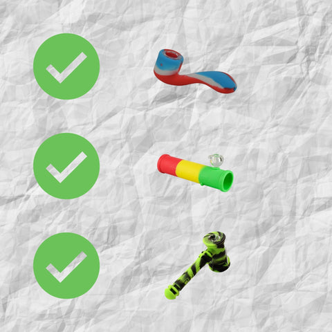 three checkmarks in green. three silicone pipes white background 