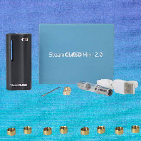 SteamCloud mini 2.0 vaporizer and packaging with blue gradient background 