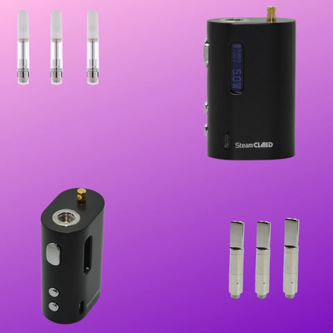 three oil cartridges, three wax cartridges SteamCloud mini 2.0 purple background 