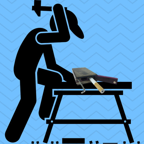 wooden dugout being hammered by a stick figure on a workbench 
