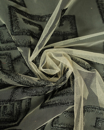 Grey And Black Abstract Design Polyester Net Embroidered Fabric