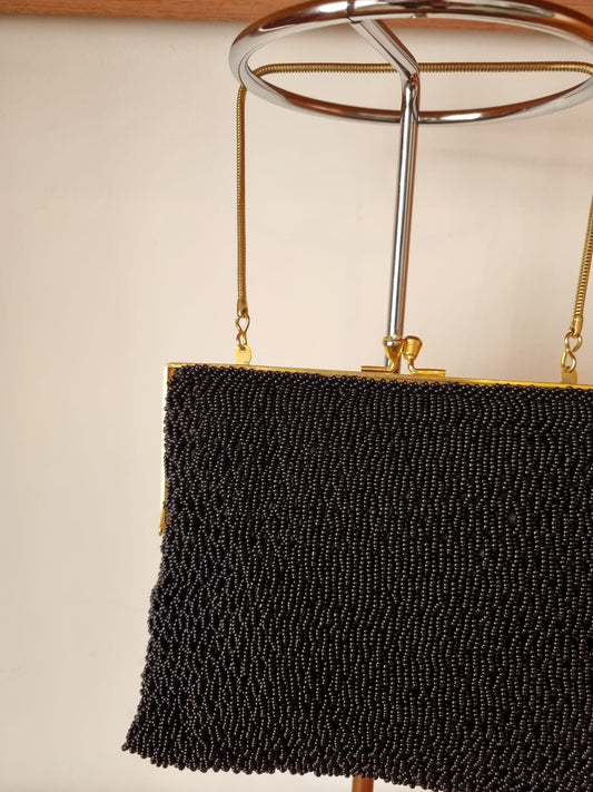 Vintage Antique Gold, Pink and Black Floral Top Handle Beaded Handbag