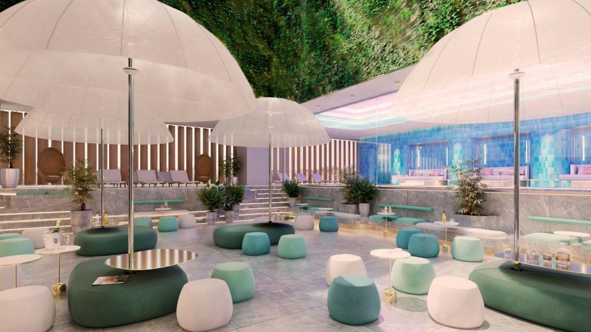 Modern patio area with Arper seating.