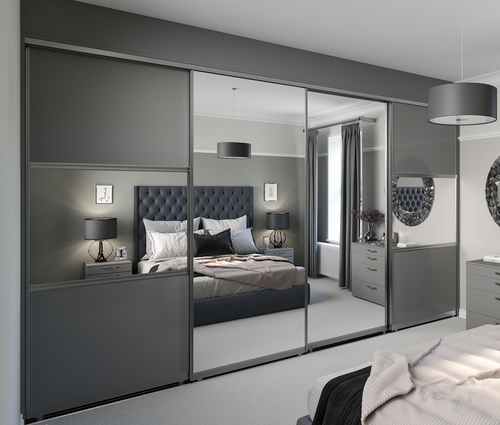 Shape frame in satin silver, satin anthracite glass and silver mirror doors and matt anthracite liners and infill.png__PID:50791af7-fe71-4bd9-a4ae-802b3ec5fc07