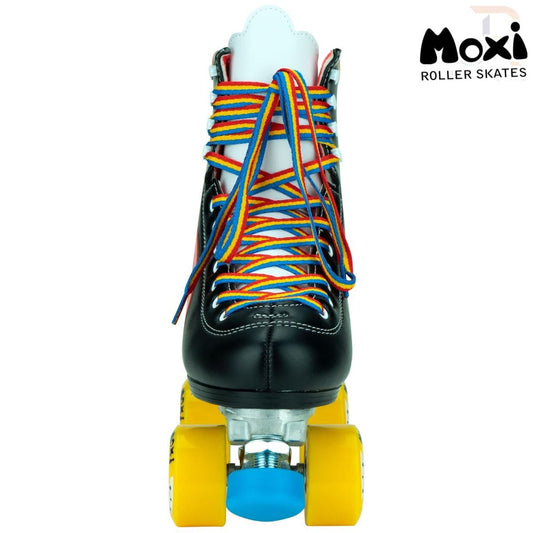 The Moxi Rainbow Quad Roller Skates - Black are ideal for beginner recreational skaters, showcasing a vibrant design with yellow wheels and a blue toe stopper. The skates feature a striking black and white pattern highlighted by vibrant rainbow-colored laces, with "Moxi" proudly displayed on the upper.