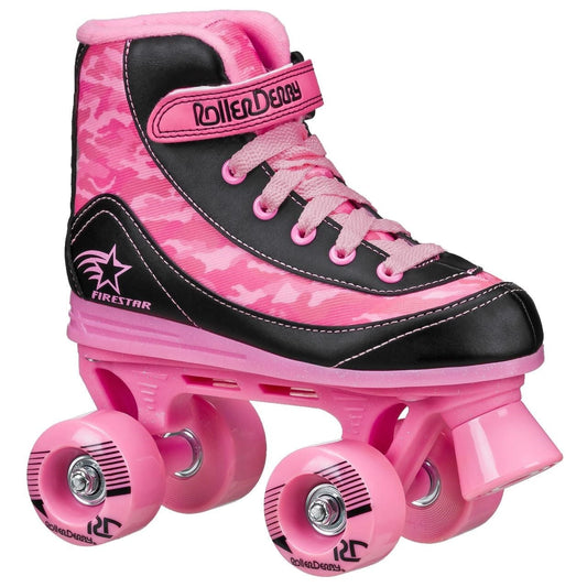 The Roller Derby Firestar V2 Quad Roller Skates in Pink Camo feature a striking camouflage pattern on the upper, coupled with four durable polyurethane wheels. They come with pink laces and have branding on the side, combining style with practicality.