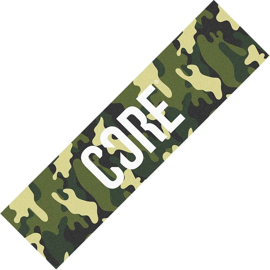 The CORE Classic Stunt Scooter Griptape - Camo features a rectangular design with a green and brown camouflage pattern, making it perfect for scooter customization. The word "CORE" is prominently displayed in large, white, bold letters across the center, making it an ideal accessory for a stunt scooter.