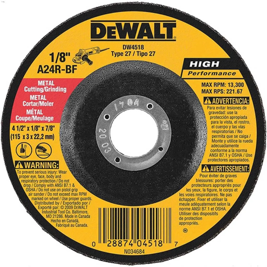 DeWalt DW4518, 4-1/2'' X 1/8'' Metal Cut Wheel (25/Pack)