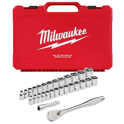 Milwaukee 48-22-9088, 29pc 3/8" Drive Metric & SAE Ratchet and Socket Set with FOUR FLAT™ SIDES