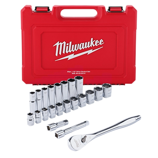 Milwaukee 48-22-9410, 22 pc 1/2" Drive SAE Ratchet and Socket Set with FOUR FLAT™ Sides