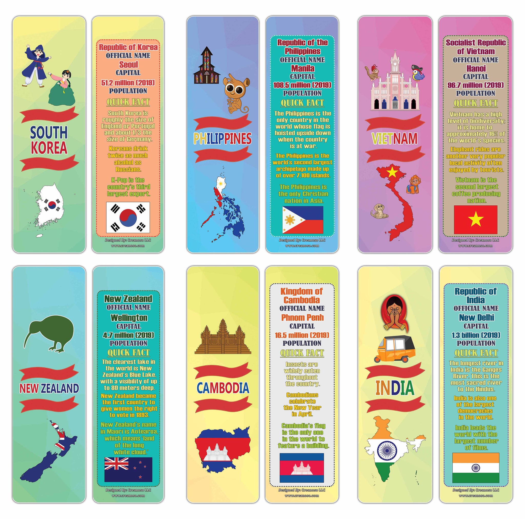 Creanoso Asia Pacific Countries Facts Series 2 Bookmarks For Kidsa A