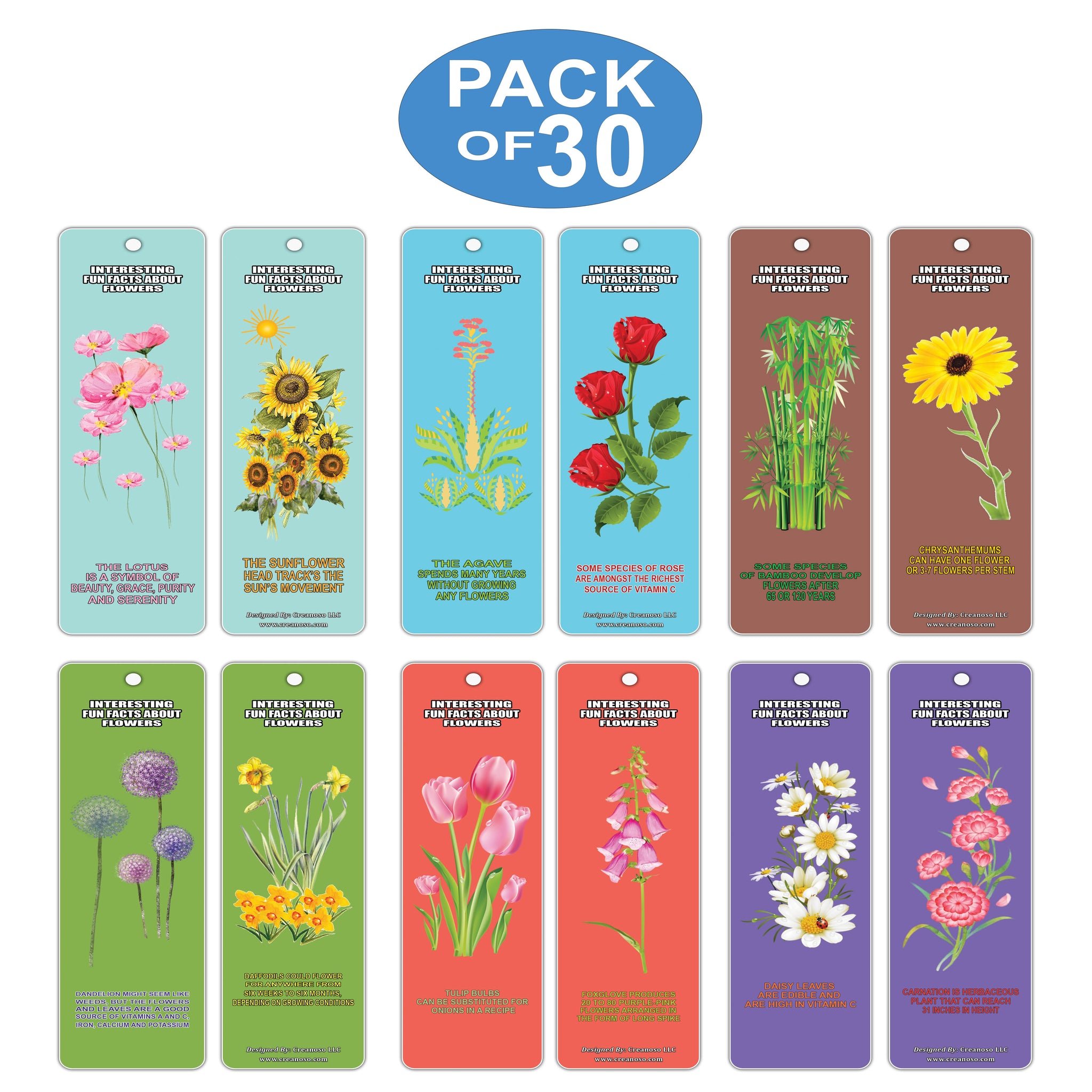 Creanoso Learning Facts About Flowers Bookmark Cards 30 Pack Aƒa A A