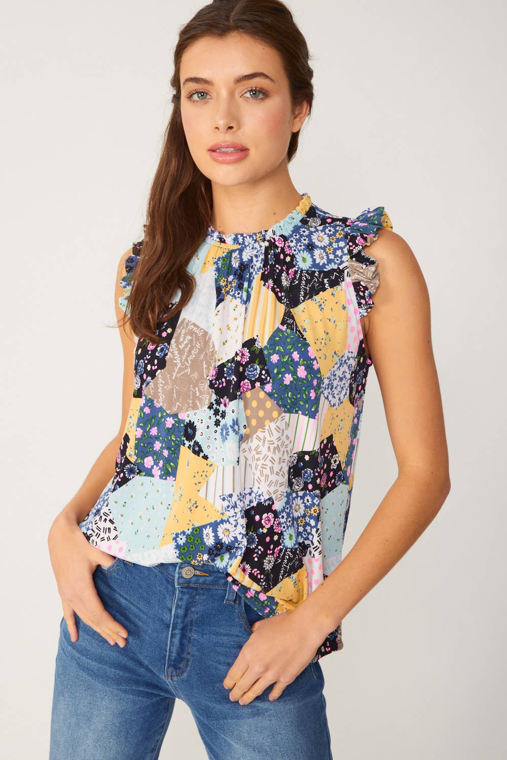 Patchwork Print Sleeveless Top With Ruffle Detail - Navy