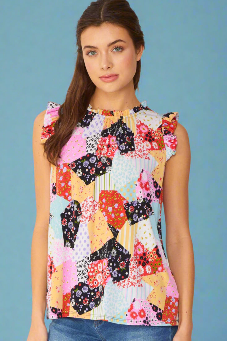 Patchwork Print Sleeveless Top With Ruffle Detail - Pink