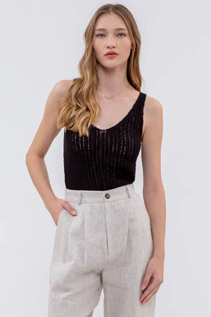 V Neck Crochet Knit Tank Top BLACK - Urbanheer