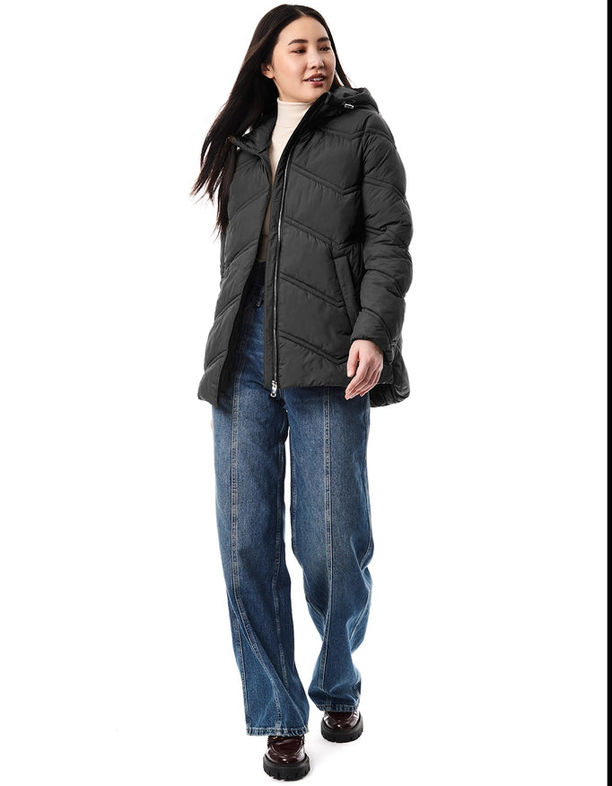 Chevron Quilt Hooded Puffer Black