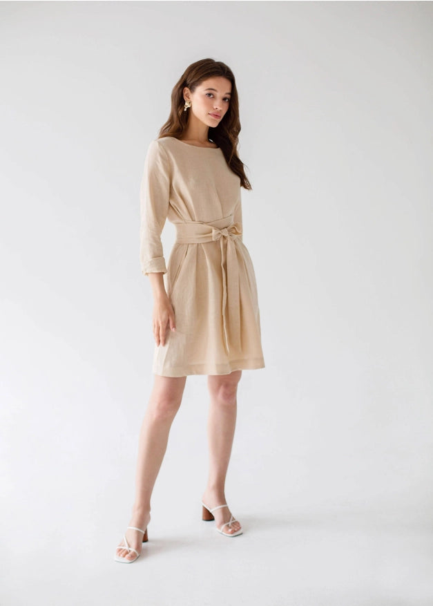 Wrap Linen Belted Beige Bridesmaid Dress For Women Mini