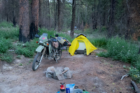 klr 650 at camp in the backcountry