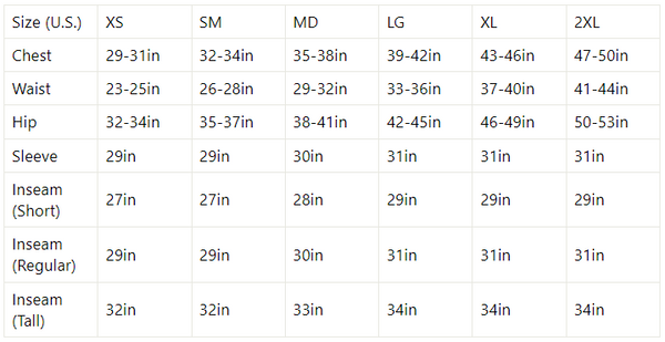 Klim Size Chart for Women's Tops