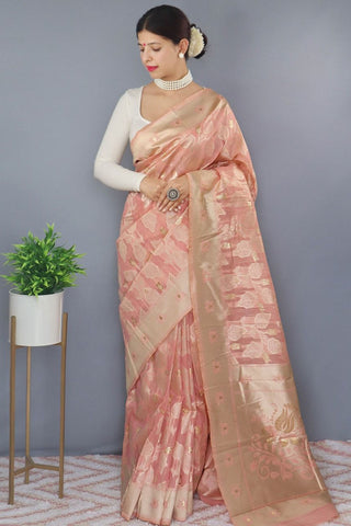 Baby Pink Leaf Pattern Gold Weaving Linen Saree