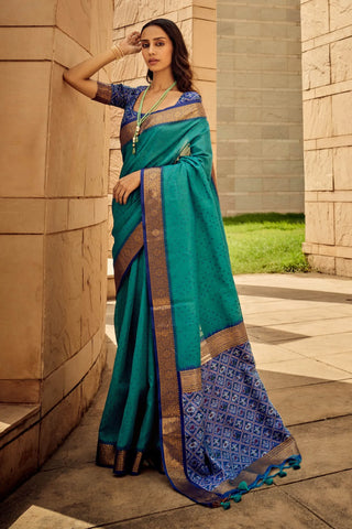 Aqua Green Handblock Weaving Silk Saree