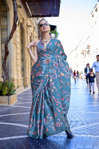 Cyan Blue Digital Print Satin Saree