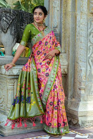 Green Paithani Silk Saree with Flower Design
