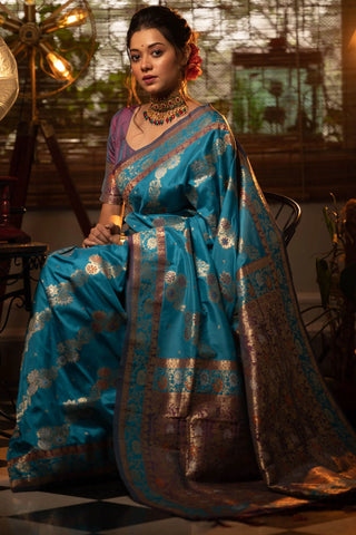 Cyan Blue Banarasi Silk Saree