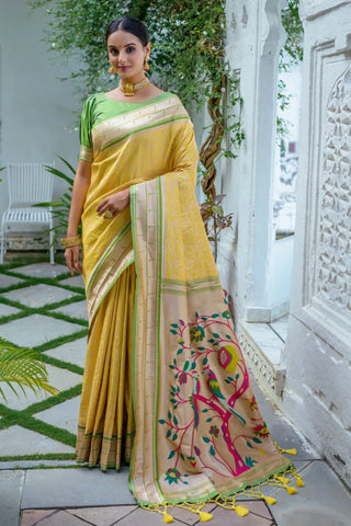 Yellow Banarasi Silk Paithani Saree